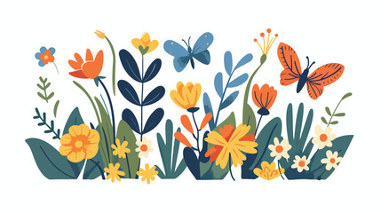 Spring illustration with butterflies and flowers flat