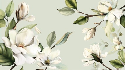 Painting of white flowers on a vibrant green background, suitable for various design projects