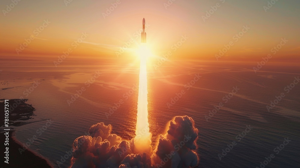 Poster a rocket launching into the sky at sunset. suitable for technology or space exploration concepts