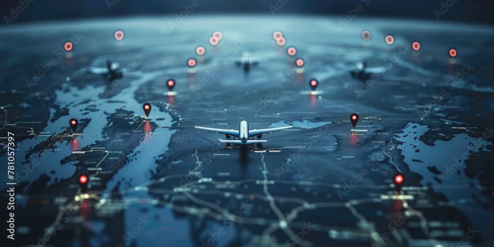 Poster a plane flying over a map of the world, suitable for travel concepts