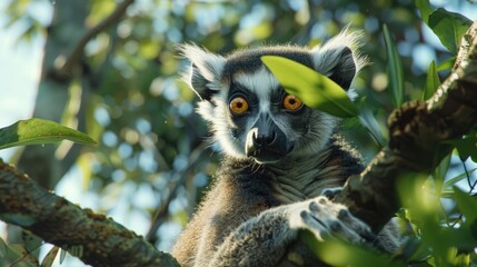 Fototapeta premium Close-up of a lemur sitting in a tree, perfect for nature and wildlife themes