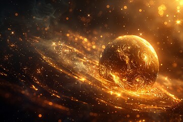 A golden sphere radiating warmth and illuminating a cosmic tapestry of constellations ,3DCG,clean sharp focus