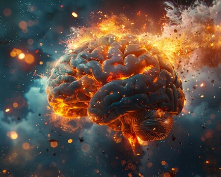 A surreal depiction of a brain exploding like a supernova, releasing a torrent of knowledge and creativity into the universe ,3DCG,clean sharp focus