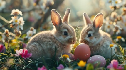 Obraz premium Two rabbits sitting together in a field of colorful flowers. Suitable for nature and animal themes