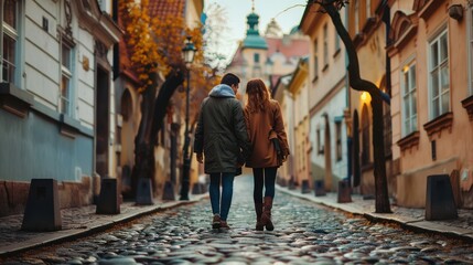 A couple exploring a charming cobblestone street in an old town.