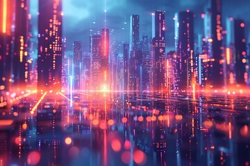 Holographic grids of light illuminating a cyberpunk skyline ,3DCG,clean sharp focus