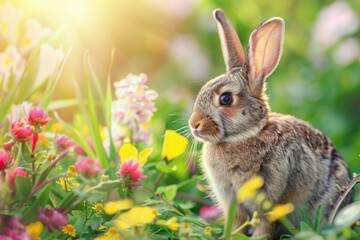 Fototapeta na wymiar A cute rabbit sitting in a colorful field of flowers, perfect for nature lovers