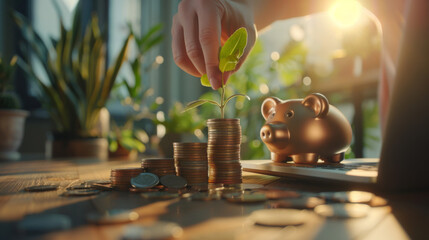 Businessman holding coins and piggy bank on table with plant growing from stack of money - obrazy, fototapety, plakaty
