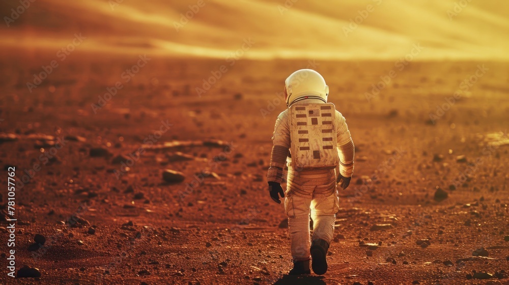 Poster a man in a space suit walking across a desert. suitable for science fiction or exploration concepts