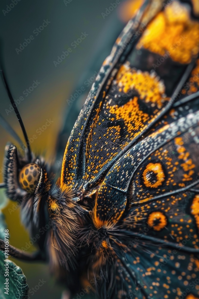 Poster close up of a butterfly resting on a green leaf. suitable for nature and wildlife concepts