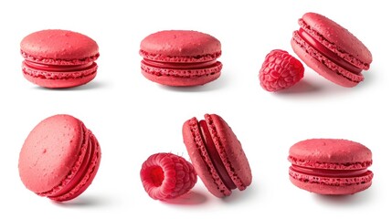 Delicious raspberry macarons and fresh raspberries on a clean white background. Perfect for food...