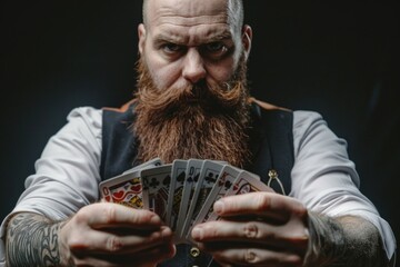 A man with a beard holding playing cards, suitable for gambling or leisure activities