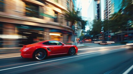 Red sports car driving down a city street, suitable for automotive industry promotion