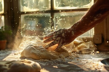 Kneading the dough using your hands gradually Form and stretch soft and pliable dough. - obrazy, fototapety, plakaty