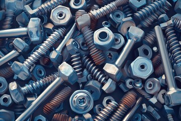 A pile of nuts and bolts on a table, suitable for industrial projects - obrazy, fototapety, plakaty