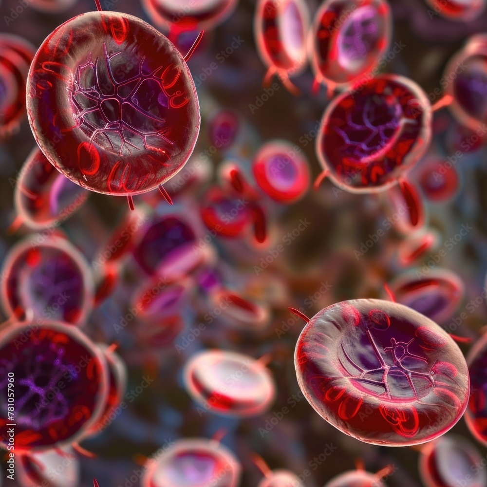 Poster a close-up image of red and white blood cells under a microscope. suitable for medical and scientifi