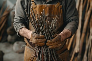 Obraz premium A man holding a bunch of sticks, suitable for outdoor and nature themes