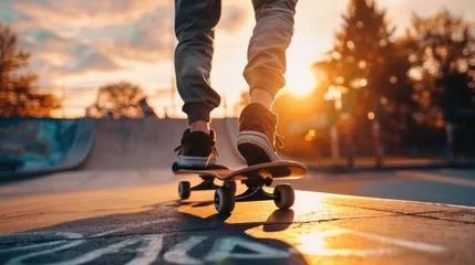 Rolgordijnen A person riding a skateboard on a sidewalk. Ideal for urban sports concepts © Fotograf