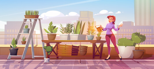 Naklejka premium Woman watering plants in rooftop garden. Vector cartoon illustration of female character taking care of flowers, terrace on top of modern skyscraper, sunny cityscape background, gardening hobby