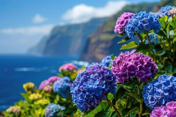 Colorful flowers by the ocean, perfect for nature-themed designs