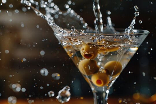 Martini glass filled with olives and water, ideal for cocktail bar menus