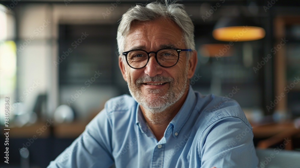 Poster a man with glasses sitting at a table. suitable for business concepts
