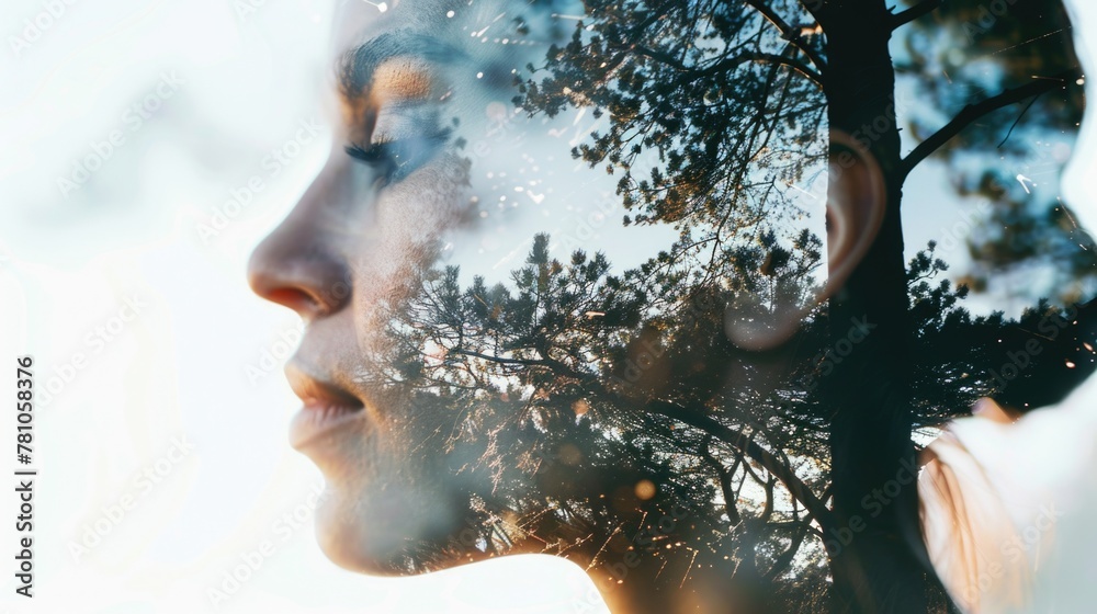 Poster close-up of a woman's face with a tree in the background. suitable for nature or beauty concepts