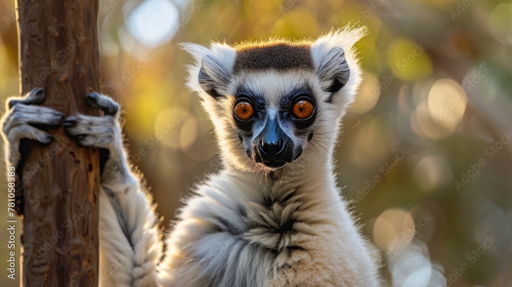Poster a close-up image of a lemur looking directly at the camera. suitable for various nature and wildlife