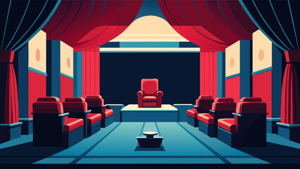A luxurious home theater resembling a miniature version of a movie theater complete with red velvet curtains plush recliner seats and a mini