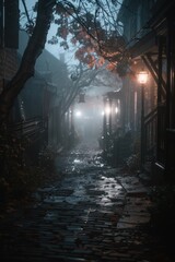 Naklejka premium A mysterious dark alley with a street light in the fog. Ideal for urban and mystery-themed designs