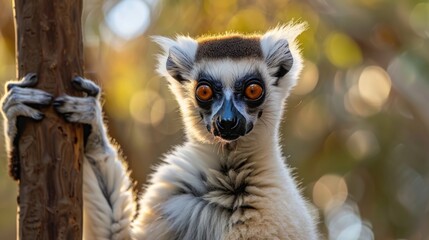 Obraz premium A close-up image of a lemur looking directly at the camera. Suitable for various nature and wildlife themes