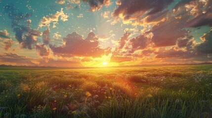 Beautiful sunset over a peaceful grassy field, perfect for nature backgrounds