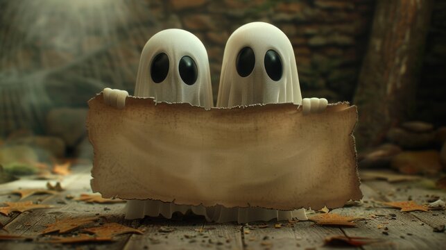 Two white ghosts holding a piece of paper. Suitable for Halloween themes