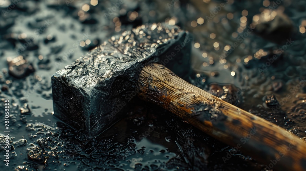 Poster close-up of a hammer lying on the ground. suitable for construction and diy projects