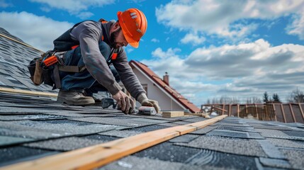 A construction worker working on a roof, suitable for construction industry projects