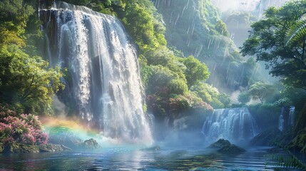 A breathtaking waterfall hidden in a tropical forest, with rainbows forming in the mist