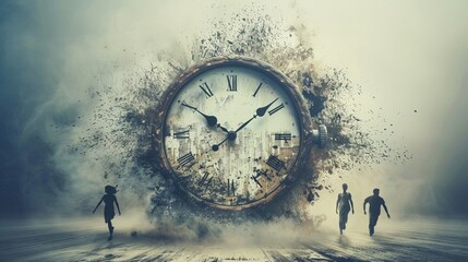 A clock with its hands spinning uncontrollably fast, blurring time, as figures around it age rapidly, then turn to dust - obrazy, fototapety, plakaty