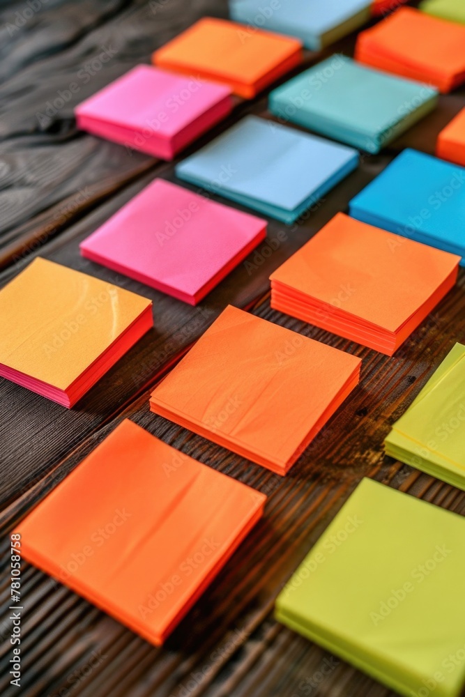 Poster a collection of vibrant post it notes on a wooden surface. suitable for office and organization conc