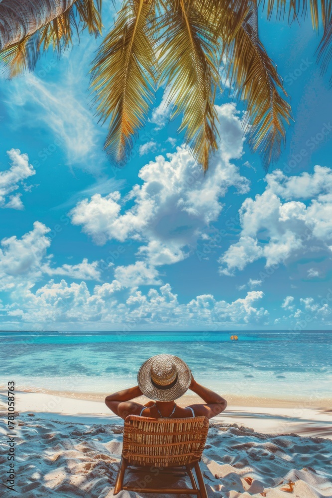 Poster a person relaxing in a chair under a palm tree on a beautiful beach. ideal for travel and vacation c