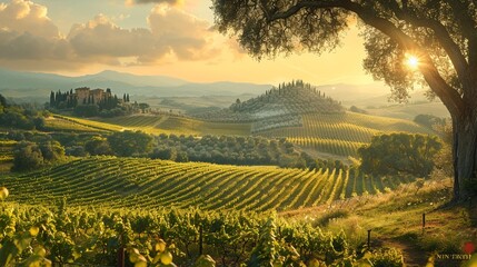 A sundrenched vineyard in Tuscany, rolling hills dotted with olive trees and the promise of wine - obrazy, fototapety, plakaty
