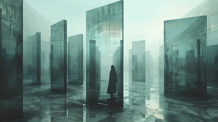 A surreal scene of a figure walking a labyrinth made of tall, thin mirrors reflecting distorted versions of themselves - obrazy, fototapety, plakaty