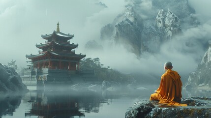 A serene Buddhist temple in the mountains, with monks in saffron robes and the sound of chanting