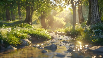 Tranquil stream flowing through vibrant forest, perfect for nature backgrounds - obrazy, fototapety, plakaty