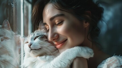 A woman holding a white cat. Suitable for pet care or animal lover concepts