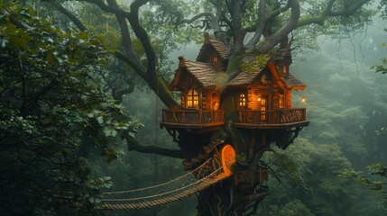 A whimsical treehouse nestled in the canopy of an ancient forest, accessible only by a rope ladder - obrazy, fototapety, plakaty