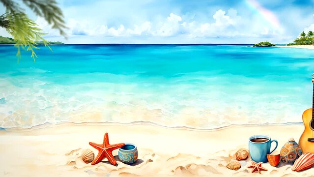 beach scene with coffee cup and starfish