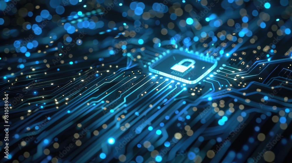 Poster close up of a circuit board with blue lights, suitable for technology concepts