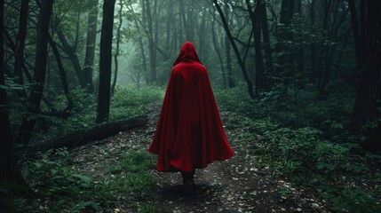 A person in a red cloak walking down a path in the woods. Suitable for nature or fantasy themes