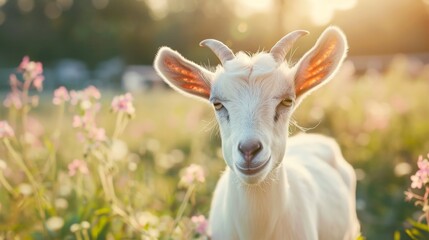 Obraz premium A goat standing amidst grass and flowers