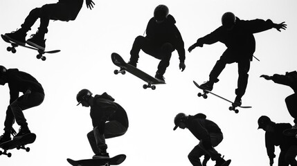 Silhouettes of a skateboarder doing tricks, suitable for sports and action-themed projects